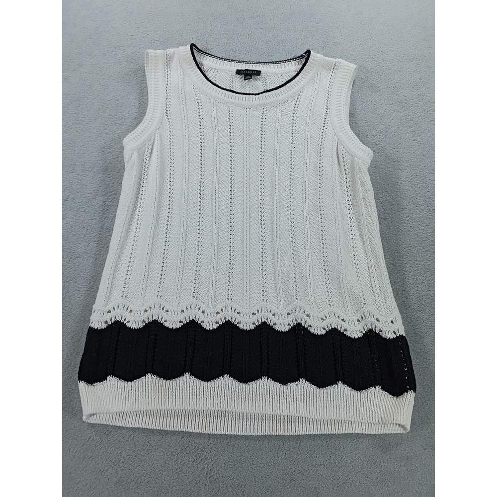Talbots Womens Pointelle Scalloped Hem Sweater Vest White Navy XS Layering